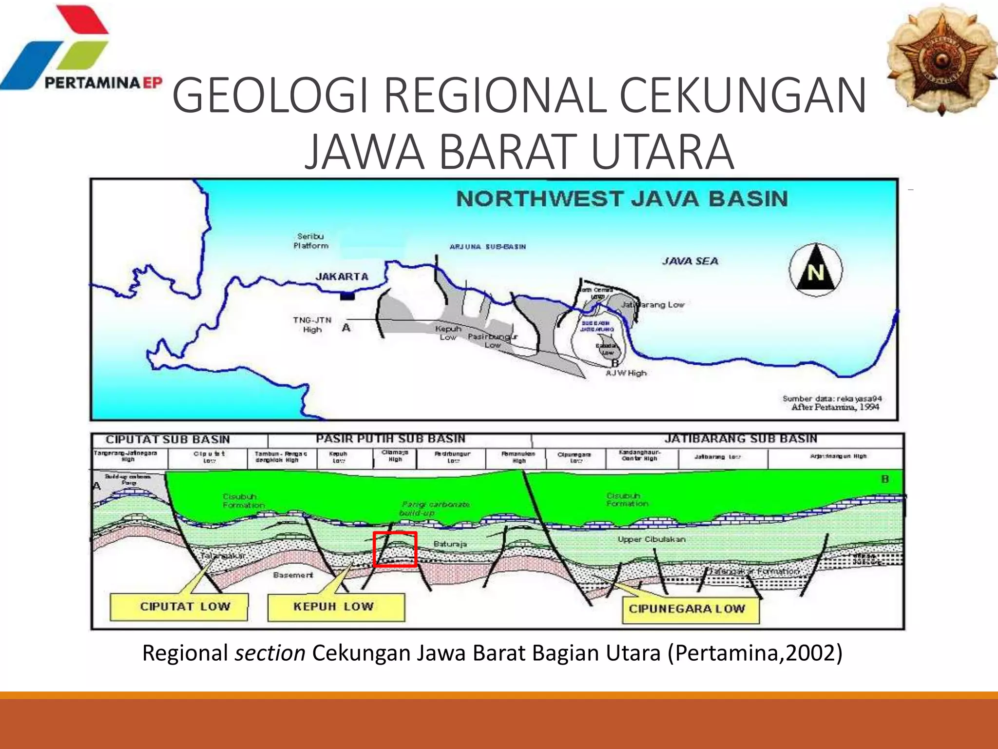 GEOLOGI REGIONAL CEKUNGAN
JAWA BARAT UTARA
Regional section Cekungan Jawa Barat Bagian Utara (Pertamina,2002)
 