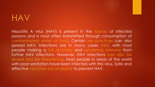 Hepatitis A virus (HAV) is present in the faeces of infected
persons and is most often transmitted through consumption of
contaminated water or food. Certain sex practices can also
spread HAV. Infections are in many cases mild, with most
people making a full recovery and remaining immune from
further HAV infections. However, HAV infections can also be
severe and life threatening. Most people in areas of the world
with poor sanitation have been infected with this virus. Safe and
effective vaccines are available to prevent HAV.
HAV
 