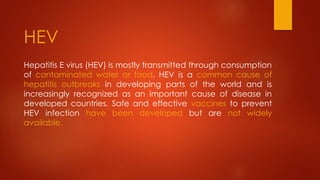Hepatitis E virus (HEV) is mostly transmitted through consumption
of contaminated water or food. HEV is a common cause of
hepatitis outbreaks in developing parts of the world and is
increasingly recognized as an important cause of disease in
developed countries. Safe and effective vaccines to prevent
HEV infection have been developed but are not widely
available.
HEV
 