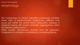 The morphology of chronic hepatitis is extremely variable.
When mild, a predominantly lymphocytic infiltrate may
occur just within the portal tracts. Frequently, steatosis is
observed along with lymph node-like aggregations within
the hepatic parenchyma
When severe, hepatocyte necrosis may be apparent.
Progression to cirrhosis is manifested by increasing fibrosis.
Morphology
Chronic Viral Hepatitis
 