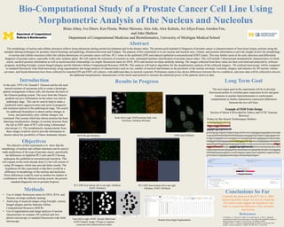 Bio-Computational Study of a Prostate Cancer Cell Line Using
Morphometric Analysis of the Nucleus and Nucleolus
The morphology of nuclear and cellular structures reflects tissue phenotype during normal development and in the disease states. The present gold standard of diagnosis of prostate cancer is characterization of 4um tissue biopsy sections using the
standard staining techniques for prostate clinical histology and pathology, hematoxylin/eosin and Feulgen. The purpose of this experiment is to use nuclear and nuceloli area, volume, and position information to provide insight on how the morphology
of nuclear and cellular structures reflect the cellular phenotypes of a prostate cancer cell line, PC3, when in the epithelial (EPI) and induced epithelial-to-mesenchymal (EMT) states. This may further assist in the early detection and differential
diagnosis of prostate cancer, especially in the early metastic phase. We will explore the extension of research on semi- automated machine classification of prostate cancer states. This will include 3 dimensional morphometric characteristics of whole
nuclei, nucleoli position information as well as nuclei/nuceloli relationships via simple fluorescent stains for DNA, RNA and nuclear envelope antibody staining. The images collected from these stains are then converted and analyzed by software
programs including Farsight, custom ImageJ plugins and the Statistics Online Computational Resource (SOCR). This analysis will lead to algorithms for the morphometric analysis of the collected imagery. 3D confocal microscopy will be compared
to standard fluorescent wide-field microscopy using segmentation and image analysis of characteristics such as size, number of nucleoli and distance to the perimeter of the nuclear envelope. Currently, imagery and statistics for 3D nuclear volume,
curvature, and fractal dimension have been collected for matched EPI and EMT cell cultures, with additional data on nucleoli expected. Preliminary analysis has shown differences between the two conditions, and more data will be collected to discern
the additional morphometric characteristics of the nuclei and nucleoli to increase the statistical power of the patterns shown to date.
Abstract
Brian Athey, Ivo Dinov, Ken Pienta, Walter Meixner, Alex Ade, Alex Kalinin, Ari Allyn-Feuer, Gordon Fon,
and John Mathew
Department of Computational Medicine and Bioinformatics, University of Michigan Medical School
Objectives
Conclusions So Far
Results in Progress
Methods
The next major goal in the experiment will be to develop
fluorescent probes to correlate gene expression levels and gene
locations in nuclear heterochromatin or euchromatin
compartments to further characterize expression differences
between the two cell lines.
Example of FISH Probe Design
Section of Intron 4 (Provided by Galaxy and UCSC Genome
Browser)
Probes by Bio-Search Technologies Stellaris:
actaattgttggtgctatctag
tttgaccaggctatttaaactt
gagtgtcagcatgttaaacatt
gctcactgcagccttgaactcctagactcaagccatcttcccacccagtagggctacggatgtacactaccatgc
ccagctgatttttttttaatttttgttttaattttttgtagagacaaaggggtcttgctatgttcccaggctggtgtctaac
tcctggccttaagtgatcctcccaacgtggcctcccaaagtgctggtattacaggtgtgagccactgcaactgac
ctatgtggttcttttgataggagagactaattgttggtgctatctagcacacactgtgtgtagacatcttgttaaat
agaaaatagatttatgggtatgactatgaagagtctaattccccaaaccacacacacaactctatctacgtttgac
caggctatttaaacttaactgcagagtgtcagcatgttaaacattgatttacataaaatgatagctgcccacttt
cttgtaaatgttataaaaactgtagagattaactaaaaaatgcacacagaagtttgctttcagttccacaagggtag
tttatttttgttataaaaacagtattccccactttcttagataccagatctctgcccagattttacccagtttcatcttgct
gctctctaatctcctatgtatgtaatatactttgaccatttaaatatgtattaagaca
Long Term GoalIntroduction
The objective of this experiment is to show that the
morphology of nuclear and cellular structures can be used to
make predictions of the type of prostate cancer, specifically
the differences in Epthelial PC3 cells and PC3 having
undergone the epithelial-to-mesenchymal transition. This
will expand on the work already done (1) but will consist of
using 3D imagery which may provide better results. The
hypothesis for this experiment is that there would be a
difference in morphology of the nucleus and nucleolus.
These differences could be used as another bio-marker in
combination with the Gleason scoring system, the present
standard diagnostic test in prostate biopsies.
• Use of simple fluorescent stains for DNA, RNA, and
Nuclear envelope antibody staining
• Analyzing of acquired images using Farsight, custom,
ImageJ plugins and the Statistics Online
Computational Resource (SOCR)
• Use of segmentation and image analysis of nuclear
characteristics to compare 3D confocal and two-
photon microscopy to standard fluorescent wide-field
microscopy.
From left to right: DAPI prolong Gold, Anti-
Fibrillarin, Ethidium Bromide
From left to right: DAPI, Nuclear Mask from
DAPI Channel, Image J Plugin to segment
connected and isolated nuclear masks
Results from plugin Segmentation
DAPI and FibrillarinNUP-98 and Fibrillarin
PC3 EMT from bottom left to top right:
Ethidium, DAPI, Fibrillarin
PC3 EMI from bottom left to top right: Ethidium,
DAPI, Fibrillarin
In the early 1970’s Dr. Donald F. Gleason and his lab used
stained sections of carcinoma cells to create a histologic
pattern arrangement of these cells, this became the basis of
the Gleason grading system. The score from the Gleason
gradient can give information on the tumor size and its
pathologic stage. This can be used to help to make a
prediction tumor aggressiveness and assist in prognosis
and treatment options.of the pathological stage. The search
for additional biomarkers to detect earlier changes in
tissue, and particularly early cellular changes, has
continued. One avenue which has shown promise has been
detecting morphometric changes in nuclear structure from
the Epi to EMT state of PC3 cells using 2-dimesional
microscopy (1). The morphometric measurements from
these images could be used to provide information to
doctors about the possibility of future metastatic disease.
(1) Verdone, J. E., Parsana, P., Veltri, R. W. and Pienta, K. J. (2015), “Epithelial–
mesenchymal transition in prostate cancer is associated with quantifiable changes in
nuclear structure.” Prostate, 75: 218–224. doi: 10.1002/pros.22908
Humphrey, Peter A. “Gleason Grading and prognostic factors in carcinoma of the
prostate.” Modern Pathology 17 (2004): 292-306. Web. 17 April 2015.
References
Currently the analysis of the PC3 Epi vs. MSC
nuclear/nucleolus images are not yet completed.
The initial results support the hypothesis: that
there is a statistical difference in the nucleolus
and nucleus.
 