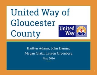 United Way of
Gloucester
County
Kaitlyn Adams, John Damiri,
Megan Glatz, Lauren Greenberg
May 2016
1
 