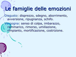 Le famiglie delle emozioni
Disgusto: disprezzo, sdegno, aborrimento,
avversione, ripugnanza, schifo.
Vergogna: senso di colpa, imbarazzo,
rammarico, rimorso, umiliazione,
rimpianto, mortificazione, costrizione.

 