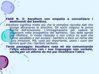 FASE N. 3: Ascoltare con empatia e convalidare i
sentimenti del bambino.
Ascoltare significa molto più che la semplice raccolta dati che
giunge attraverso le orecchie. Gli occhi colgono le prove
fisiche dell’emozione. L’immaginazione per vedere la
situazione nella prospettiva del bambino. Uso delle parole
per riflettere, in modo rilassato e non critico su quel che
hanno ascoltato e per aiutare i bambini a dare un nome alle
loro emozioni. Ma, cosa più importante, usare i cuori per
sentire quel che i bambini sentono.
Terzo passaggio: Ascoltare cosa mi sta comunicando
l’altra educatrice con i suo linguaggio non verbale,
uscire per un attimo da me per incontrare l’altro

 