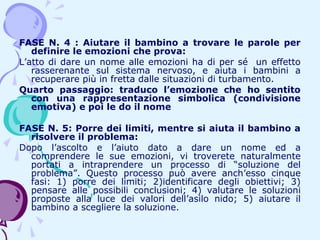 FASE N. 4 : Aiutare il bambino a trovare le parole per
definire le emozioni che prova:
L’atto di dare un nome alle emozioni ha di per sé un effetto
rasserenante sul sistema nervoso, e aiuta i bambini a
recuperare più in fretta dalle situazioni di turbamento.
Quarto passaggio: traduco l’emozione che ho sentito
con una rappresentazione simbolica (condivisione
emotiva) e poi le do il nome
FASE N. 5: Porre dei limiti, mentre si aiuta il bambino a
risolvere il problema:
Dopo l’ascolto e l’aiuto dato a dare un nome ed a
comprendere le sue emozioni, vi troverete naturalmente
portati a intraprendere un processo di “soluzione del
problema”. Questo processo può avere anch’esso cinque
fasi: 1) porre dei limiti; 2)identificare degli obiettivi; 3)
pensare alle possibili conclusioni; 4) valutare le soluzioni
proposte alla luce dei valori dell’asilo nido; 5) aiutare il
bambino a scegliere la soluzione.

 