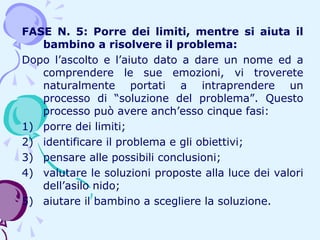 FASE N. 5: Porre dei limiti, mentre si aiuta il
bambino a risolvere il problema:
Dopo l’ascolto e l’aiuto dato a dare un nome ed a
comprendere le sue emozioni, vi troverete
naturalmente portati a intraprendere un
processo di “soluzione del problema”. Questo
processo può avere anch’esso cinque fasi:
1) porre dei limiti;
2) identificare il problema e gli obiettivi;
3) pensare alle possibili conclusioni;
4) valutare le soluzioni proposte alla luce dei valori
dell’asilo nido;
5) aiutare il bambino a scegliere la soluzione.

 