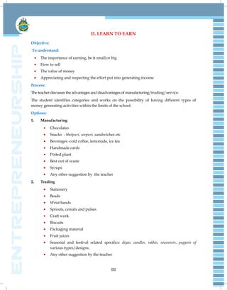 III
II. LEARN TO EARN
Objective:
To understand:
The importance of earning, be it small or big
How to sell
The value of money
Appreciating and respecting the effort put into generating income
Process:
The teacher discusses the advantages and disadvantages of manufacturing/trading/service.
The student identifies categories and works on the possibility of having different types of
money generating activities within the limits of the school.
Options:
1. Manufacturing
Chocolates
Snacks - bhelpuri, sevpuri, sandwiches etc
Beverages -cold coffee, lemonade, ice tea
Handmade cards
Potted plant
Best out of waste
Syrups
Any other suggestion by the teacher
2. Trading
Stationery
Beads
Wrist bands
Sprouts, cereals and pulses
Craft work
Biscuits
Packaging material
Fruit juices
Seasonal and festival related specifics: diyas, candles, rakhis, souvenirs, puppets of
various types/designs.
Any other suggestion by the teacher
 