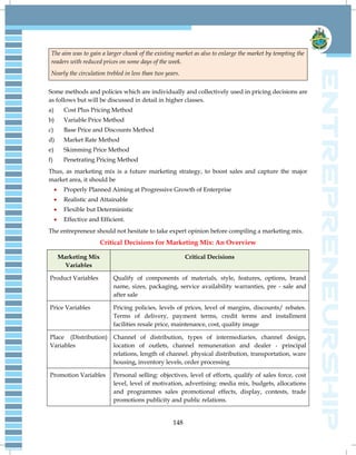 148
The aim was to gain a larger chunk of the existing market as also to enlarge the market by tempting the
readers with reduced prices on some days of the week.
Nearly the circulation trebled in less than two years.
Some methods and policies which are individually and collectively used in pricing decisions are
as follows but will be discussed in detail in higher classes.
a) Cost Plus Pricing Method
b) Variable Price Method
c) Base Price and Discounts Method
d) Market Rate Method
e) Skimming Price Method
f) Penetrating Pricing Method
Thus, as marketing mix is a future marketing strategy, to boost sales and capture the major
market area, it should be
 Properly Planned Aiming at Progressive Growth of Enterprise
 Realistic and Attainable
 Flexible but Deterministic
 Effective and Efficient.
The entrepreneur should not hesitate to take expert opinion before compiling a marketing mix.
Critical Decisions for Marketing Mix: An Overview
Marketing Mix
Variables
Critical Decisions
Product Variables Qualify of components of materials, style, features, options, brand
name, sizes, packaging, service availability warranties, pre - sale and
after sale
Price Variables Pricing policies, levels of prices, level of margins, discounts/ rebates.
Terms of delivery, payment terms, credit terms and installment
facilities resale price, maintenance, cost, quality image
Place (Distribution)
Variables
Channel of distribution, types of intermediaries, channel design,
location of outlets, channel remuneration and dealer - principal
relations, length of channel. physical distribution, transportation, ware
housing, inventory levels, order processing
Promotion Variables Personal selling: objectives, level of efforts, qualify of sales force, cost
level, level of motivation, advertising: media mix, budgets, allocations
and programmes sales promotional effects, display, contests, trade
promotions publicity and public relations.
 