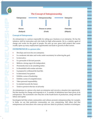 3
The Concept of Entrepreneurship
Entrepreneur Entrepreneurship Enterprise
Person Process or action Outcome
(Subject) (Verb) (Object)
Concept of Entrepreneur
An entrepreneur is a person responsible for setting up a business or an enterprise. He has the
initiative, skill for innovation and who looks for high achievements. He is a catalytic agent of
change and works for the good of people. He puts up new green field projects that create
wealth, opens up many employment opportunities and leads to growth of other sectors.
ENTREPRENEUR is a person who:
Develops and owns his own enterprise.
Is a moderate risk taker and works under uncertainty for achieving the goal.
Is innovative.
Is a persuader of deviant pursuits.
Reflects a strong urge to be independent.
Persistently tries to do something better.
Is dissatisfied with routine activities.
Is prepared to withstand the hard life.
Is determined, but patient.
Exhibits a sense of leadership.
Exhibits a sense of competitiveness.
Takes personal responsibility.
Is oriented towards the future.
Tends to persist in the face of adversity
An entrepreneur is a person who starts an enterprise and converts a situation into opportunity.
He/she searches for change and responds to it. A number of definitions have been given of an
entrepreneur. The economists view him/her as the fourth factor of production, along with land
labour and capital.
Sociologists feel that certain communities and cultures promote entrepreneurship; for example,
in India, we say that particular communities are very enterprising. Still others feel that
entrepreneurs are innovators who come up with new ideas for products, markets or techniques.
 