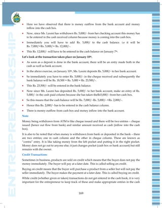 169
Here we have observed that there is money outflow from the bank account and money
inflow into the cash box.
Now, since Ms. Laxmi has withdrawn Rs. 5,000/- from her checking account this money has
to be entered in the cash received column because money is coming into the cash box.
Immediately you will have to add Rs. 5,000/ to the cash balance. i.e it will be
Rs. 7,000/+Rs. 5,000/= Rs. 12,000/-.
This Rs. 12,000/- will have to be entered in the cash balance on January 7th.
Let’s look at the transaction taken place on January 10th.
As soon as a deposit is done in the bank account, there will be an entry made both in the
cash as well as bank account.
In the above exercise, on January 10th, Ms. Laxmi deposits Rs. 5,000/- to her bank account.
So immediately you have to enter Rs. 5,000/- in the cheque received and subsequently the
bank balance will be Rs. 18,500 + Rs. 5,000 = Rs. 23,500/-.
This Rs. 23,500/- will be entered in the bank balance.
Now since Ms. Laxmi has deposited Rs. 5,000/- to her bank account, make an entry of Rs.
5,000/- in the cash paid column because she has taken theRs5,000/- from her cash box.
So this means that the cash balance will be Rs. 7,000/- Rs. 5,000/- =Rs. 2,000/-.
Hence this Rs. 2,000/- has to be entered in the cash balance column.
There is money outflow from cash box and money inflow into the bank account.
Note:
Money being withdrawn from ATM is like cheque issued and there will be two entries – cheque
issued (hence out flow from bank) and similar amount received as cash (inflow into the cash
box).
It is also to be noted that when money is withdrawn from bank or deposited in the bank – there
are two entries; one in cash column and the other in cheque column. These are known as
―contra‖ entry. It is like taking money from the left pocket and putting it in the right pocket.
Money does not go out to anyone else; it just changes pocket (cash box or bank account) but still
remains with the owner.
Credit Transactions:
Sometimes in business, products are sold on credit which means that the buyer does not pay the
money immediately. The buyer will pay at a later date. This is called selling on credit.
Buying on credit means that the buyer will purchase a product from a seller but will not pay the
seller immediately. The buyer makes the payment at a later date. This is called buying on credit.
While credit (whether given or taken) transactions do not get entered in the cash book, it is very
important for the entrepreneur to keep track of these and make appropriate entries in the cash
 