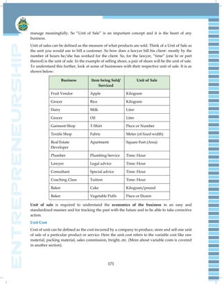 171
manage meaningfully. So ―Unit of Sale‖ is an important concept and it is the heart of any
business.
Unit of sales can be defined as the measure of what products are sold. Think of a Unit of Sale as
the unit you would use to bill a customer. So how does a lawyer bill his client- mostly by the
number of hours he/she has worked for the client. So, for the lawyer, ―time‖ (one hr or part
thereof) is the unit of sale. In the example of selling shoes, a pair of shoes will be the unit of sale.
To understand this further, look at some of businesses with their respective unit of sale. It is as
shown below:
Business Item being Sold/
Serviced
Unit of Sale
Fruit Vendor Apple Kilogram
Grocer Rice Kilogram
Dairy Milk Litre
Grocer Oil Litre
Garment Shop T-Shirt Piece or Number
Textile Shop Fabric Meter (of fixed width)
Real Estate
Developer
Apartment Square Feet (Area)
Plumber Plumbing Service Time: Hour
Lawyer Legal advice Time: Hour
Consultant Special advice Time: Hour
Coaching Class Tuition Time: Hour
Baker Cake Kilogram/pound
Baker Vegetable Puffs Piece or Dozen
Unit of sale is required to understand the economics of the business in an easy and
standardized manner and for tracking the past with the future and to be able to take corrective
action.
Unit Cost
Cost of unit can be defined as the cost incurred by a company to produce, store and sell one unit
of sale of a particular product or service. Here the unit cost refers to the variable cost like raw
material, packing material, sales commission, freight, etc. (More about variable costs is covered
in another section).
 