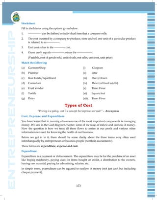 173
Worksheet:
Fill in the blanks using the options given below:
1. --------------- can be defined as individual item that a company sells.
2. The cost incurred by a company to produce, store and sell one unit of a particular product
is referred to as --------------.
3. Unit cost refers to the ------------ cost.
4. Gross profit equals -------------- minus the -----------------.
(Variable, cost of goods sold, unit of sale, net sales, unit cost, unit price)
Match the following:
(a) Garment Shop (i) Kilogram
(b) Plumber (ii) Litre
(c) Real Estate/Apartment (iii) Piece/Dozen
(d) Consultant (iv) Meter (of fixed width)
(e) Fruit Vendor (v) Time: Hour
(f) Textile (vi) Square feet
(g) Dairy (vii) Time: Hour
Types of Cost
“Pricing is a policy, cost is a concept but expenses are real!” - Anonymus
Cost, Expense and Expenditure
You have learnt that in running a business one of the most important components is managing
money. We saw in the Cash Register chapter, some of the ways of inflow and outflow of money.
Now the question is how we treat all these flows to arrive at our profit and various other
information we need for knowing the health of our business.
Before we get in to it, there should be some clarity about the three terms very often used
interchangeably by entrepreneurs or business people (not their accountants!).
These terms are expenditure, expense and cost.
Expenditure:
Expenditure is a payment or disbursement. The expenditure may be for the purchase of an asset
like buying machinery, paying dues for items bought on credit, a distribution to the owners,
buying raw material, paying for advertising, salaries, etc.
In simple terms, expenditure can be equated to outflow of money (not just cash but including
cheque payment).
 
