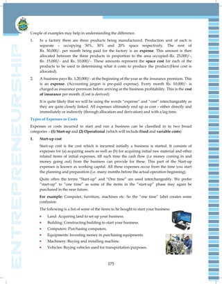 175
Couple of examples may help in understanding the difference.
1. In a factory there are three products being manufactured. Production unit of each is
separate – occupying 50%, 30% and 20% space respectively. The rent of
Rs. 50,000/- per month being paid for the factory is an expense. This amount is then
allocated between the three products in proportion to the area occupied–Rs. 25,000/-,
Rs. 15,000/- and Rs. 10,000/-. These amounts represent the space cost for each of the
products to be used in determining what it costs to produce the product.(Here cost is
allocated).
2. A business pays Rs. 1,20,000/- at the beginning of the year as the insurance premium. This
is an expense. (Accounting jargon is pre-paid expense). Every month Rs. 10,000/- is
charged as insurance premium before arriving at the business profitability. This is the cost
of insurance per month. (Cost is derived)
It is quite likely that we will be using the words ―expense‖ and ―cost‖ interchangeably as
they are quite closely linked. All expenses ultimately end up as cost – either directly and
immediately or indirectly (through allocation and derivation) and with a lag time.
Types of Expenses or Costs
Expenses or costs incurred to start and run a business can be classified in to two broad
categories – (1) Start-up and (2) Operational (which will include fixed and variable costs)
1. Start-up cost
Start-up cost is the cost which is incurred initially a business is started. It consists of
expenses for (a) acquiring assets as well as (b) for acquiring initial raw material and other
related items of initial expenses, till such time the cash flow (i.e money coming in and
money going out) from the business can provide for these. This part of the Start-up
expenses is known as working capital. All these expenses occur from the time you start
the planning and preparation (i.e. many months before the actual operation beginning).
Quite often the terms ―Start-up‖ and ―One time‖ are used interchangeably. We prefer
―start-up‖ to ―one time‖ as some of the items in the ―start-up‖ phase may again be
purchased in the near future.
For example: Computer, furniture, machines etc. So the ―one time‖ label creates some
confusion
The following is a list of some of the items to be bought to start your business:
Land: Acquiring land to set up your business.
Building: Constructing building to start your business.
Computers: Purchasing computers.
Equipments: Investing money in purchasing equipments.
Machinery: Buying and installing machine.
Vehicles: Buying vehicles used for transportation purposes.
 