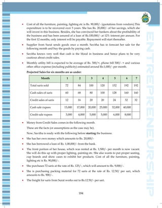 184
Cost of all the furniture, painting, lighting etc is Rs. 90,000/- (quotations from vendors).This
expenditure is to be recovered over 5 years. She has Rs. 20,000/- of her savings, which she
will invest in this business. Besides, she has convinced her bankers about the profitability of
the business and has been assured of a loan of Rs.100,000/- at 12% interest per annum. For
the first 12 months, only interest will be payable. Repayment will start thereafter.
Supplier from Surat sends goods once a month. Savitha has to forecast her sale for the
following month and buy the goods by paying cash.
Savitha knows very well that cash is the blood in business and hence plans to be very
cautious about credit sales.
Monthly utility bill is expected to be average of Rs. 500/=, phone bill 500/- = and various
other office expense (including publicity) estimated around Rs.1,000/- per month.
Projected Sales for six months are as under:
Month 1 2 3 4 5 6 7
Total saris sold 72 84 100 120 152 192 192
Cash sales of saris 60 68 80 100 128 160 160
Credit sales of saris 12 16 20 20 24 32 32
Cash sale rupees 15,000 17,000 20,000 25,000 32,000 40,000
Credit sale rupees 3,000 4,000 5,000 5,000 6,000 8,000
Money from Credit Sales comes in the following month.
These are the facts (or assumptions as the case may be).
Now, Savitha is ready with the following before starting the business:
She has her own money which amounts to Rs. 20,000/-
She has borrowed a loan of Rs. 1,00,000/- from the bank.
The front portion of her house, which was rented at Rs. 1,500/- per month is now vacant.
She will do this up with proper lighting, painting etc. She also wants to put proper seating,
cup boards and show cases to exhibit her products. Cost of all the furniture, painting,
lighting etc is Rs. 90,000/-.
She purchases 72 saris at the rate of Rs. 125/-, which will amount to Rs. 9,000/-.
She is purchasing packing material for 72 saris at the rate of Rs. 12.50/ per sari, which
amounts to Rs. 900/-.
The freight for saris from Surat works out to Rs.12.50/- per sari.
 