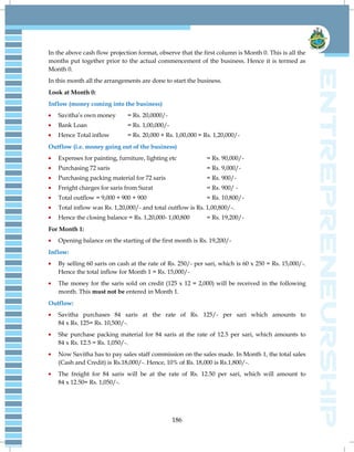 186
In the above cash flow projection format, observe that the first column is Month 0. This is all the
months put together prior to the actual commencement of the business. Hence it is termed as
Month 0.
In this month all the arrangements are done to start the business.
Look at Month 0:
Inflow (money coming into the business)
Savitha‘s own money = Rs. 20,0000/-
Bank Loan = Rs. 1,00,000/-
Hence Total inflow = Rs. 20,000 + Rs. 1,00,000 = Rs. 1,20,000/-
Outflow (i.e. money going out of the business)
Expenses for painting, furniture, lighting etc = Rs. 90,000/-
Purchasing 72 saris = Rs. 9,000/-
Purchasing packing material for 72 saris = Rs. 900/-
Freight charges for saris from Surat = Rs. 900/ -
Total outflow = 9,000 + 900 + 900 = Rs. 10,800/-
Total inflow was Rs. 1,20,000/- and total outflow is Rs. 1,00,800/-.
Hence the closing balance = Rs. 1,20,000- 1,00,800 = Rs. 19,200/-
For Month 1:
Opening balance on the starting of the first month is Rs. 19,200/-
Inflow:
By selling 60 saris on cash at the rate of Rs. 250/- per sari, which is 60 x 250 = Rs. 15,000/-.
Hence the total inflow for Month 1 = Rs. 15,000/-
The money for the saris sold on credit (125 x 12 = 2,000) will be received in the following
month. This must not be entered in Month 1.
Outflow:
Savitha purchases 84 saris at the rate of Rs. 125/- per sari which amounts to
84 x Rs. 125= Rs. 10,500/-.
She purchase packing material for 84 saris at the rate of 12.5 per sari, which amounts to
84 x Rs. 12.5 = Rs. 1,050/-.
Now Savitha has to pay sales staff commission on the sales made. In Month 1, the total sales
(Cash and Credit) is Rs.18,000/-. Hence, 10% of Rs. 18,000 is Rs.1,800/-.
The freight for 84 saris will be at the rate of Rs. 12.50 per sari, which will amount to
84 x 12.50= Rs. 1,050/-.
 