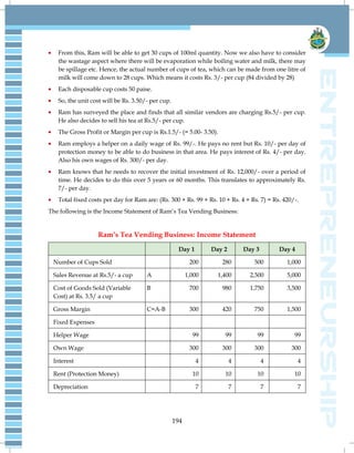194
From this, Ram will be able to get 30 cups of 100ml quantity. Now we also have to consider
the wastage aspect where there will be evaporation while boiling water and milk, there may
be spillage etc. Hence, the actual number of cups of tea, which can be made from one litre of
milk will come down to 28 cups. Which means it costs Rs. 3/- per cup (84 divided by 28)
Each disposable cup costs 50 paise.
So, the unit cost will be Rs. 3.50/- per cup.
Ram has surveyed the place and finds that all similar vendors are charging Rs.5/- per cup.
He also decides to sell his tea at Rs.5/- per cup.
The Gross Profit or Margin per cup is Rs.1.5/- (= 5.00- 3.50).
Ram employs a helper on a daily wage of Rs. 99/-. He pays no rent but Rs. 10/- per day of
protection money to be able to do business in that area. He pays interest of Rs. 4/- per day.
Also his own wages of Rs. 300/- per day.
Ram knows that he needs to recover the initial investment of Rs. 12,000/- over a period of
time. He decides to do this over 5 years or 60 months. This translates to approximately Rs.
7/- per day.
Total fixed costs per day for Ram are: (Rs. 300 + Rs. 99 + Rs. 10 + Rs. 4 + Rs. 7) = Rs. 420/-.
The following is the Income Statement of Ram‘s Tea Vending Business:
Ram’s Tea Vending Business: Income Statement
Day 1 Day 2 Day 3 Day 4
Number of Cups Sold 200 280 500 1,000
Sales Revenue at Rs.5/- a cup A 1,000 1,400 2,500 5,000
Cost of Goods Sold (Variable
Cost) at Rs. 3.5/ a cup
B 700 980 1,750 3,500
Gross Margin C=A-B 300 420 750 1,500
Fixed Expenses
Helper Wage 99 99 99 99
Own Wage 300 300 300 300
Interest 4 4 4 4
Rent (Protection Money) 10 10 10 10
Depreciation 7 7 7 7
 