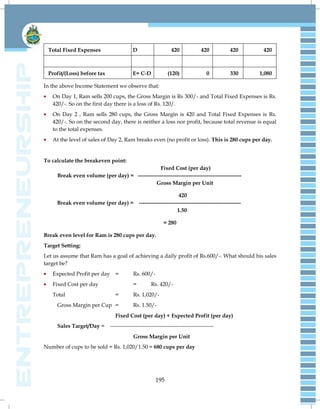 195
Total Fixed Expenses D 420 420 420 420
Profit/(Loss) before tax E= C-D (120) 0 330 1,080
In the above Income Statement we observe that:
On Day 1, Ram sells 200 cups, the Gross Margin is Rs 300/- and Total Fixed Expenses is Rs.
420/-. So on the first day there is a loss of Rs. 120/.
On Day 2 , Ram sells 280 cups, the Gross Margin is 420 and Total Fixed Expenses is Rs.
420/-. So on the second day, there is neither a loss nor profit, because total revenue is equal
to the total expenses.
At the level of sales of Day 2, Ram breaks even (no profit or loss). This is 280 cups per day.
To calculate the breakeven point:
Fixed Cost (per day)
Break even volume (per day) = ---------------------------------------------------------
Gross Margin per Unit
420
Break even volume (per day) = --------------------------------------------------------
1.50
= 280
Break even level for Ram is 280 cups per day.
Target Setting:
Let us assume that Ram has a goal of achieving a daily profit of Rs.600/-. What should his sales
target be?
Expected Profit per day = Rs. 600/-
Fixed Cost per day = Rs. 420/-
Total = Rs. 1,020/-
Gross Margin per Cup = Rs. 1.50/-
Fixed Cost (per day) + Expected Profit (per day)
Sales Target/Day = ---------------------------------------------------------
Gross Margin per Unit
Number of cups to be sold = Rs. 1,020/1.50 = 680 cups per day
 