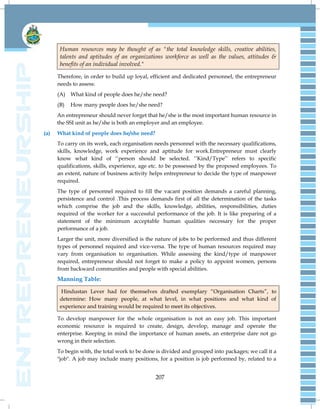 207
Human resources may be thought of as "the total knowledge skills, creative abilities,
talents and aptitudes of an organizations workforce as well as the values, attitudes &
benefits of an individual involved."
Therefore, in order to build up loyal, efficient and dedicated personnel, the entrepreneur
needs to assess:
(A) What kind of people does he/she need?
(B) How many people does he/she need?
An entrepreneur should never forget that he/she is the most important human resource in
the SSI unit as he/she is both an employer and an employee.
(a) What kind of people does he/she need?
To carry on its work, each organisation needs personnel with the necessary qualifications,
skills, knowledge, work experience and aptitude for work.Entrepreneur must clearly
know what kind of ‗‘person should be selected. ‗‘Kind/Type‘‘ refers to specific
qualifications, skills, experience, age etc. to be possessed by the proposed employees. To
an extent, nature of business activity helps entrepreneur to decide the type of manpower
required.
The type of personnel required to fill the vacant position demands a careful planning,
persistence and control .This process demands first of all the determination of the tasks
which comprise the job and the skills, knowledge, abilities, responsibilities, duties
required of the worker for a successful performance of the job. It is like preparing of a
statement of the minimum acceptable human qualities necessary for the proper
performance of a job.
Larger the unit, more diversified is the nature of jobs to be performed and thus different
types of personnel required and vice-versa. The type of human resources required may
vary from organisation to organisation. While assessing the kind/type of manpower
required, entrepreneur should not forget to make a policy to appoint women, persons
from backward communities and people with special abilities.
Manning Table:
Hindustan Lever had for themselves drafted exemplary ―Organisation Charts‖, to
determine: How many people, at what level, in what positions and what kind of
experience and training would be required to meet its objectives.
To develop manpower for the whole organisation is not an easy job. This important
economic resource is required to create, design, develop, manage and operate the
enterprise. Keeping in mind the importance of human assets, an enterprise dare not go
wrong in their selection.
To begin with, the total work to be done is divided and grouped into packages; we call it a
"job". A job may include many positions, for a position is job performed by, related to a
 
