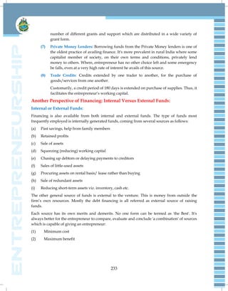 233
number of different grants and support which are distributed in a wide variety of
grant form.
(7) Private Money Lenders: Borrowing funds from the Private Money lenders is one of
the oldest practice of availing finance. It's more prevalent in rural India where some
capitalist member of society, on their own terms and conditions, privately lend
money to others. Where, entrepreneur has no other choice left and some emergency
be falls, even at a very high rate of interest he avails of this source.
(8) Trade Credits: Credits extended by one trader to another, for the purchase of
goods/services from one another.
Customarily, a credit period of 180 days is extended on purchase of supplies. Thus, it
facilitates the entrepreneur‘s working capital.
Another Perspective of Financing: Internal Versus External Funds:
Internal or External Funds:
Financing is also available from both internal and external funds. The type of funds most
frequently employed is internally generated funds, coming from several sources as follows:
(a) Past savings, help from family members
(b) Retained profits
(c) Sale of assets
(d) Squeezing (reducing) working capital
(e) Chasing up debtors or delaying payments to creditors
(f) Sales of little-used assets
(g) Procuring assets on rental basis/ lease rather than buying
(h) Sale of redundant assets
(i) Reducing short-term assets viz. inventory, cash etc.
The other general source of funds is external to the venture. This is money from outside the
firm‘s own resources. Mostly the debt financing is all referred as external source of raising
funds.
Each source has its own merits and demerits. No one form can be termed as 'the Best'. It's
always better for the entrepreneur to compare, evaluate and conclude 'a combination' of sources
which is capable of giving an entrepreneur:
(1) Minimum cost
(2) Maximum benefit
 