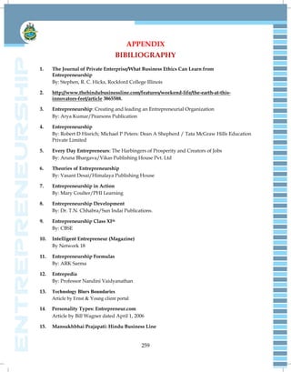 259
APPENDIX
BIBILIOGRAPHY
1. The Journal of Private Enterprise/What Business Ethics Can Learn from
Entrepreneurship
By: Stephen, R. C. Hicks, Rockford College Illinois
2. http://www.thehindubusinessline.com/features/weekend-life/the-earth-at-this-
innovators-feet/article 3865588.
3. Entrepreneurship: Creating and leading an Entrepreneurial Organization
By: Arya Kumar/Pearsons Publication
4. Entrepreneurship
By: Robert D Hisrich; Michael P Peters: Dean A Shepherd / Tata McGraw Hills Education
Private Limited
5. Every Day Entrepreneurs: The Harbingers of Prosperity and Creators of Jobs
By: Aruna Bhargava/Vikas Publishing House Pvt. Ltd
6. Theories of Entrepreneurship
By: Vasant Desai/Himalaya Publishing House
7. Entrepreneurship in Action
By: Mary Coulter/PHI Learning
8. Entrepreneurship Development
By: Dr. T.N. Chhabra/Sun Indai Publications.
9. Entrepreneurship Class XIth
By: CBSE
10. Intelligent Entrepreneur (Magazine)
By Network 18
11. Entrepreneurship Formulas
By: ARK Sarma
12. Entrepedia
By: Professor Nandini Vaidyanathan
13. Technology Blurs Boundaries
Article by Ernst & Young client portal
14. Personality Types: Entrepreneur.com
Article by Bill Wagner dated April 1, 2006
15. Mansukhbhai Prajapati: Hindu Business Line
 