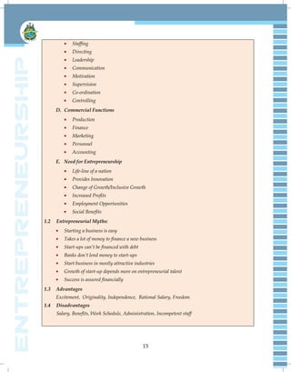15
Staffing
Directing
Leadership
Communication
Motivation
Supervision
Co-ordination
Controlling
D. Commercial Functions
Production
Finance
Marketing
Personnel
Accounting
E. Need for Entrepreneurship
Life-line of a nation
Provides Innovation
Change of Growth/Inclusive Growth
Increased Profits
Employment Opportunities
Social Benefits
1.2 Entrepreneurial Myths:
Starting a business is easy
Takes a lot of money to finance a new business
Start-ups can‘t be financed with debt
Banks don‘t lend money to start-ups
Start business in mostly attractive industries
Growth of start-up depends more on entrepreneurial talent
Success is assured financially
1.3 Advantages
Excitement, Originality, Independence, Rational Salary, Freedom
1.4 Disadvantages
Salary, Benefits, Work Schedule, Administration, Incompetent staff
 