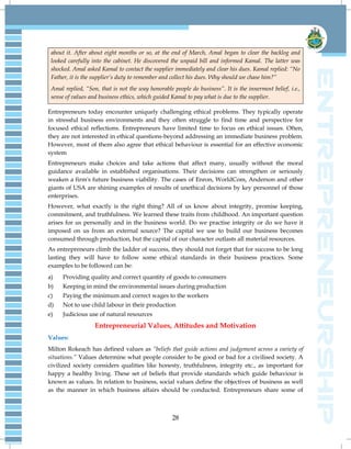 28
about it. After about eight months or so, at the end of March, Amal began to clear the backlog and
looked carefully into the cabinet. He discovered the unpaid bill and informed Kamal. The latter was
shocked. Amal asked Kamal to contact the supplier immediately and clear his dues. Kamal replied: “No
Father, it is the supplier‟s duty to remember and collect his dues. Why should we chase him?”
Amal replied, “Son, that is not the way honorable people do business”. It is the innermost belief, i.e.,
sense of values and business ethics, which guided Kamal to pay what is due to the supplier.
Entrepreneurs today encounter uniquely challenging ethical problems. They typically operate
in stressful business environments and they often struggle to find time and perspective for
focused ethical reflections. Entrepreneurs have limited time to focus on ethical issues. Often,
they are not interested in ethical questions-beyond addressing an immediate business problem.
However, most of them also agree that ethical behaviour is essential for an effective economic
system
Entrepreneurs make choices and take actions that affect many, usually without the moral
guidance available in established organisations. Their decisions can strengthen or seriously
weaken a firm's future business viability. The cases of Enron, WorldCom, Anderson and other
giants of USA are shining examples of results of unethical decisions by key personnel of those
enterprises.
However, what exactly is the right thing? All of us know about integrity, promise keeping,
commitment, and truthfulness. We learned these traits from childhood. An important question
arises for us personally and in the business world. Do we practise integrity or do we have it
imposed on us from an external source? The capital we use to build our business becomes
consumed through production, but the capital of our character outlasts all material resources.
As entrepreneurs climb the ladder of success, they should not forget that for success to be long
lasting they will have to follow some ethical standards in their business practices. Some
examples to be followed can be:
a) Providing quality and correct quantity of goods to consumers
b) Keeping in mind the environmental issues during production
c) Paying the minimum and correct wages to the workers
d) Not to use child labour in their production
e) Judicious use of natural resources
Entrepreneurial Values, Attitudes and Motivation
Values:
Milton Rokeach has defined values as “beliefs that guide actions and judgement across a variety of
situations.” Values determine what people consider to be good or bad for a civilised society. A
civilized society considers qualities like honesty, truthfulness, integrity etc., as important for
happy a healthy living. These set of beliefs that provide standards which guide behaviour is
known as values. In relation to business, social values define the objectives of business as well
as the manner in which business affairs should be conducted. Entrepreneurs share some of
 