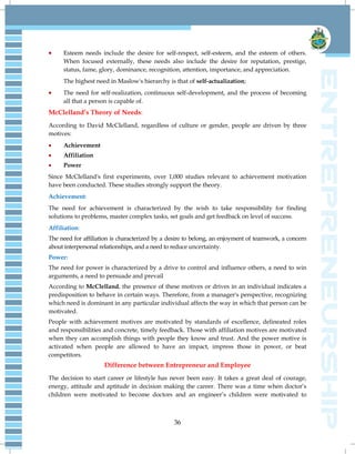 36
 Esteem needs include the desire for self-respect, self-esteem, and the esteem of others.
When focused externally, these needs also include the desire for reputation, prestige,
status, fame, glory, dominance, recognition, attention, importance, and appreciation.
The highest need in Maslow's hierarchy is that of self-actualization;
 The need for self-realization, continuous self-development, and the process of becoming
all that a person is capable of.
McClelland’s Theory of Needs:
According to David McClelland, regardless of culture or gender, people are driven by three
motives:
 Achievement
 Affiliation
 Power
Since McClelland's first experiments, over 1,000 studies relevant to achievement motivation
have been conducted. These studies strongly support the theory.
Achievement:
The need for achievement is characterized by the wish to take responsibility for finding
solutions to problems, master complex tasks, set goals and get feedback on level of success.
Affiliation:
The need for affiliation is characterized by a desire to belong, an enjoyment of teamwork, a concern
about interpersonal relationships, and a need to reduce uncertainty.
Power:
The need for power is characterized by a drive to control and influence others, a need to win
arguments, a need to persuade and prevail
According to McClelland, the presence of these motives or drives in an individual indicates a
predisposition to behave in certain ways. Therefore, from a manager's perspective, recognizing
which need is dominant in any particular individual affects the way in which that person can be
motivated.
People with achievement motives are motivated by standards of excellence, delineated roles
and responsibilities and concrete, timely feedback. Those with affiliation motives are motivated
when they can accomplish things with people they know and trust. And the power motive is
activated when people are allowed to have an impact, impress those in power, or beat
competitors.
Difference between Entrepreneur and Employee
The decision to start career or lifestyle has never been easy. It takes a great deal of courage,
energy, attitude and aptitude in decision making the career. There was a time when doctor‟s
children were motivated to become doctors and an engineer‟s children were motivated to
 