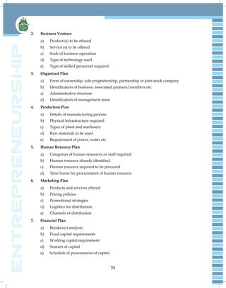 59
2. Business Venture
a) Product (s) to be offered
b) Service (s) to be offered
c) Scale of business operation
d) Type of technology used
e) Type of skilled personnel required
3. Organized Plan
a) Form of ownership, sole proprietorship, partnership or joint stock company
b) Identification of business, associated partners/members etc.
c) Administrative structure
d) Identification of management team
4. Production Plan
a) Details of manufacturing process
b) Physical infrastructure required
c) Types of plant and machinery
d) Raw materials to be used
e) Requirement of power, water etc.
5. Human Resource Plan
a) Categories of human resources or staff required
b) Human resource already identified
c) Human resource required to be procured
d) Time frame for procurement of human resource
6. Marketing Plan
a) Products and services offered
b) Pricing policies
c) Promotional strategies
d) Logistics for distribution
e) Channels of distribution
7. Financial Plan
a) Breakeven analysis
b) Fixed capital requirements
c) Working capital requirement
d) Sources of capital
e) Schedule of procurement of capital
 