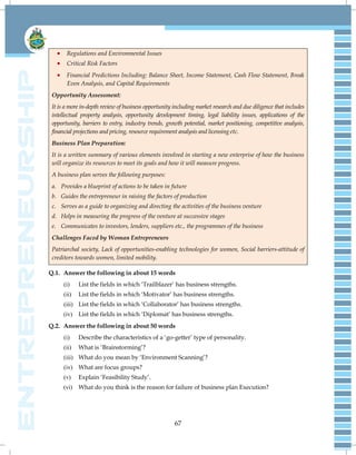 67
 Regulations and Environmental Issues
 Critical Risk Factors
 Financial Predictions Including: Balance Sheet, Income Statement, Cash Flow Statement, Break
Even Analysis, and Capital Requirements
Opportunity Assessment:
It is a more in-depth review of business opportunity including market research and due diligence that includes
intellectual property analysis, opportunity development timing, legal liability issues, applications of the
opportunity, barriers to entry, industry trends, growth potential, market positioning, competitive analysis,
financial projections and pricing, resource requirement analysis and licensing etc.
Business Plan Preparation:
It is a written summary of various elements involved in starting a new enterprise of how the business
will organize its resources to meet its goals and how it will measure progress.
A business plan serves the following purposes:
a. Provides a blueprint of actions to be taken in future
b. Guides the entrepreneur in raising the factors of production
c. Serves as a guide to organizing and directing the activities of the business venture
d. Helps in measuring the progress of the venture at successive stages
e. Communicates to investors, lenders, suppliers etc., the programmes of the business
Challenges Faced by Woman Entrepreneurs
Patriarchal society, Lack of opportunities-enabling technologies for women, Social barriers-attitude of
creditors towards women, limited mobility.
Q.1. Answer the following in about 15 words
(i) List the fields in which ‗Trailblazer‘ has business strengths.
(ii) List the fields in which ‗Motivator‘ has business strengths.
(iii) List the fields in which ‗Collaborator‘ has business strengths.
(iv) List the fields in which ‗Diplomat‘ has business strengths.
Q.2. Answer the following in about 50 words
(i) Describe the characteristics of a ‗go-getter‘ type of personality.
(ii) What is ‗Brainstorming‘?
(iii) What do you mean by ‗Environment Scanning‘?
(iv) What are focus groups?
(v) Explain ‗Feasibility Study‘.
(vi) What do you think is the reason for failure of business plan Execution?
 