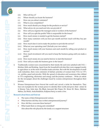 69
(iii) Who will buy it?
(iv) Where should you locate the business?
(v) How can you attract customers?
(vi) What is your competition?
(vii) How much should you charge for the products or service?
(viii) What advice do you need and who can provide it?
(ix) How will you organize the managers and/or workers of the business?
(x) How will you split the profits? Who is responsible for the losses?
(xi) How much money is needed to get the business started?
(xii) How many customers will you have per month and how much will they buy per
month?
(xiii) How much does it cost to make the product or provide the service?
(xiv) What are your operating costs? (Include your own salary)
(xv) How much money will your business earn each month by selling your product or
service?
(xvi) How much investment will you need to keep the business going until you make a
profit?
(xvii) How much money do you need to borrow to start this business?
(xviii) How will you make the business grow in the future?
4. Traditionally women were concentrated to their family life and were satisfied with 3 K‘s –
Kitchen, Kids and Knitting. Apart from the household activities they were engaged mostly
in agriculture or at the most in families trade activities. But with the development of small
scale industries, there were extension of kitchen activities of women from 3 K‘s to 3 P‘s
viz. pickles, papad and powder. With the spread of education and awareness they shifted
to 3 E‘s engineering, electronics and energy and the journey continues… Write an article
for the newspaper about the challenges faced by women entrepreneurs throughout their
journey.
5. Women Entrepreneurs have braved the world and carved a niche for themselves. They
have set examples for the woman power to identify their worth and prove their metal, be
it Simone Tata, Indu Jain, Ela Bhatt, Jaswanti Ben Popat, Dr. Kiran M. Shaw, Mahima
Mehra, Zia Modi, Anita Roddicks, Kalpana Saroj, to name a few.
Research about them and find out
 The name of their Entrepreneurial venture.
 What barriers did they face in their entrepreneurial journey?
 How did they overcome these barriers?
 What made them so strong and committed?
Also about the role played by the family as a support structure
 