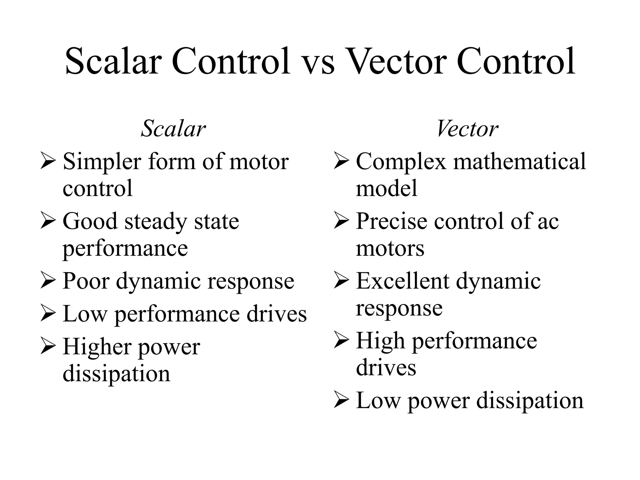 Scalar Control vs Vector Control
Scalar
 Simpler form of motor
control
 Good steady state
performance
 Poor dynamic response
 Low performance drives
 Higher power
dissipation
Vector
 Complex mathematical
model
 Precise control of ac
motors
 Excellent dynamic
response
 High performance
drives
 Low power dissipation
 