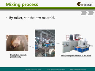 Mixing process
• By mixer, stir the raw material.
Distribution materials
proportionally.
Transporting raw materials to the mixer
Tel:+86 532 6773 1461 Fax: +86 532 6773 1463 www.coowingroup.com
 