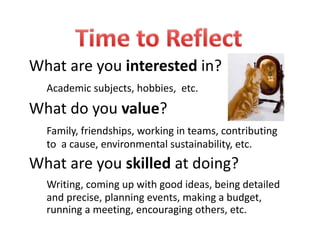 What are you interested in?
Academic subjects, hobbies,  etc.
What do you value? 
Family, friendships, working in teams, contributing 
to  a cause, environmental sustainability, etc.  
What are you skilled at doing?
Writing, coming up with good ideas, being detailed 
and precise, planning events, making a budget, 
running a meeting, encouraging others, etc.   
 