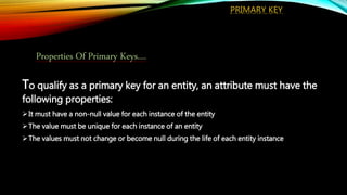 To qualify as a primary key for an entity, an attribute must have the
following properties:
It must have a non-null value for each instance of the entity
The value must be unique for each instance of an entity
The values must not change or become null during the life of each entity instance
PRIMARY KEY
Properties Of Primary Keys....
 