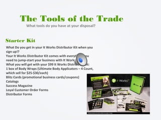 The Tools of the Trade
What tools do you have at your disposal?
Starter Kit
What Do you get in your It Works Distributor Kit when you
sign up!?
Your It Works Distributor Kit comes with everything you
need to jump-start your business with It Works!
What you will get with your $99 It Works Distributor kit:
1 box of Body Wraps (Ultimate Body Applicators – 4 Count,
which sell for $25-$30/each)
Blitz Cards (promotional business cards/coupons)
Catalogs
Success Magazine
Loyal Customer Order Forms
Distributor Forms
 
