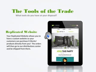 The Tools of the Trade
What tools do you have at your disposal?
Replicated Website
Your Replicated Website allows you to
have a custom website so your
customers can purchase It Works!
products directly from you! The orders
will then go to our distributions center
and be shipped from there.
 