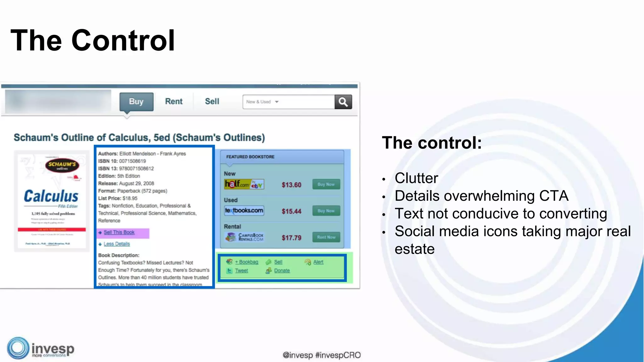 The control:
• Clutter
• Details overwhelming CTA
• Text not conducive to converting
• Social media icons taking major real
estate
The Control
 