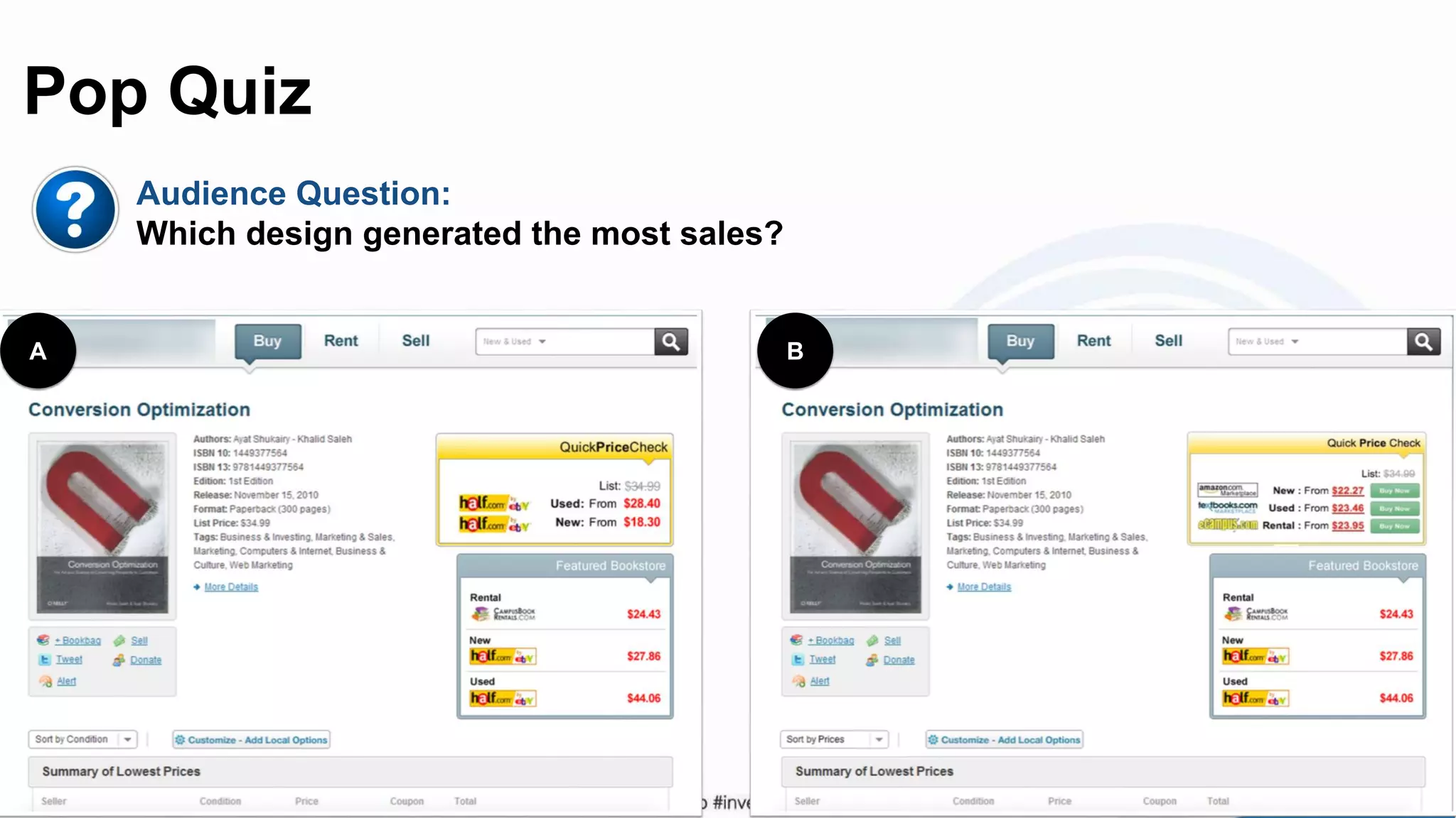 Audience Question:
Which design generated the most sales?
A B
Pop Quiz
 