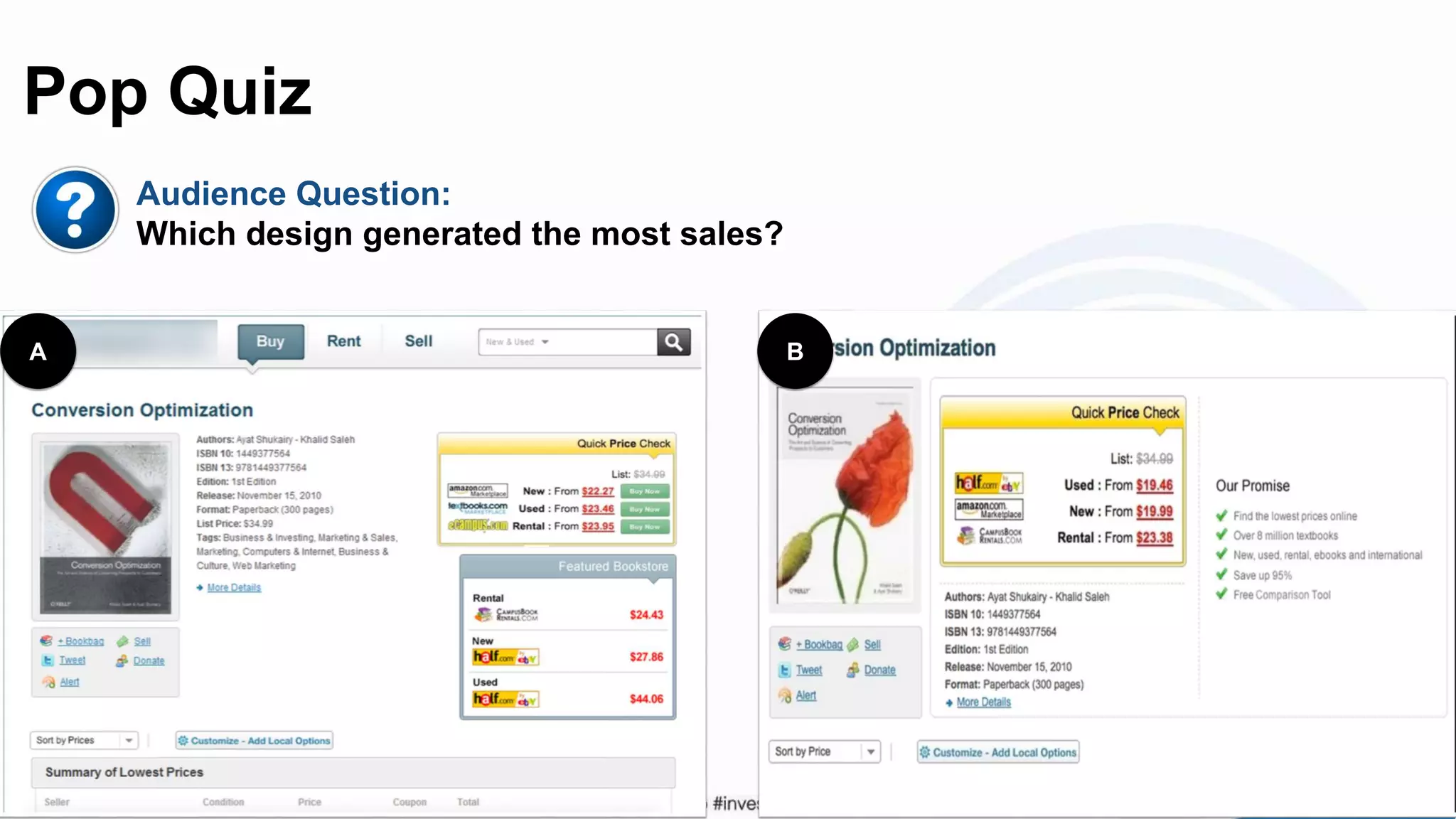 Audience Question:
Which design generated the most sales?
A B
Pop Quiz
 
