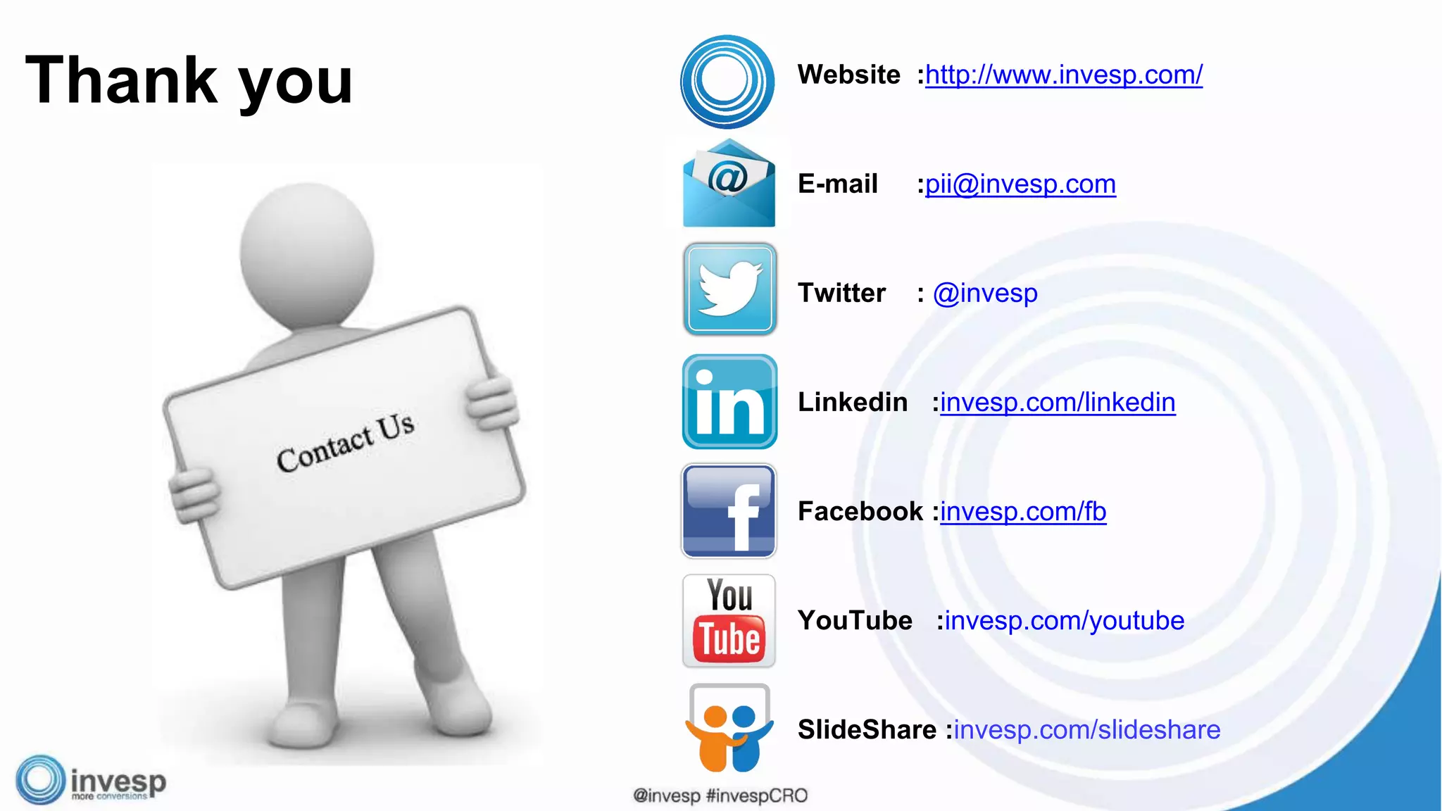 Website :http://www.invesp.com/
E-mail :pii@invesp.com
Twitter : @invesp
Linkedin :invesp.com/linkedin
Facebook :invesp.com/fb
YouTube :invesp.com/youtube
SlideShare :invesp.com/slideshare
Thank you
 
