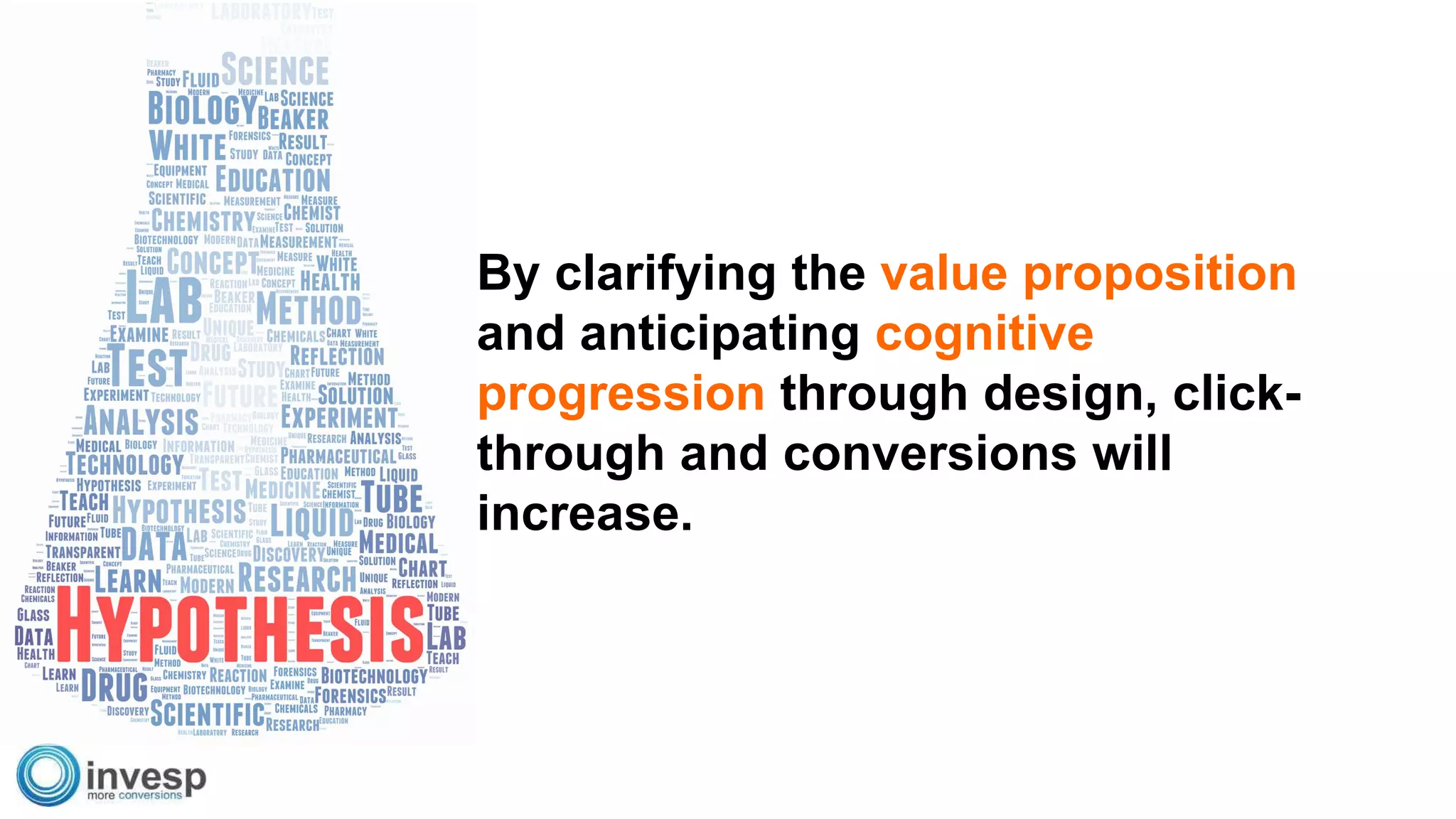 By clarifying the value proposition
and anticipating cognitive
progression through design, click-
through and conversions will
increase.
 
