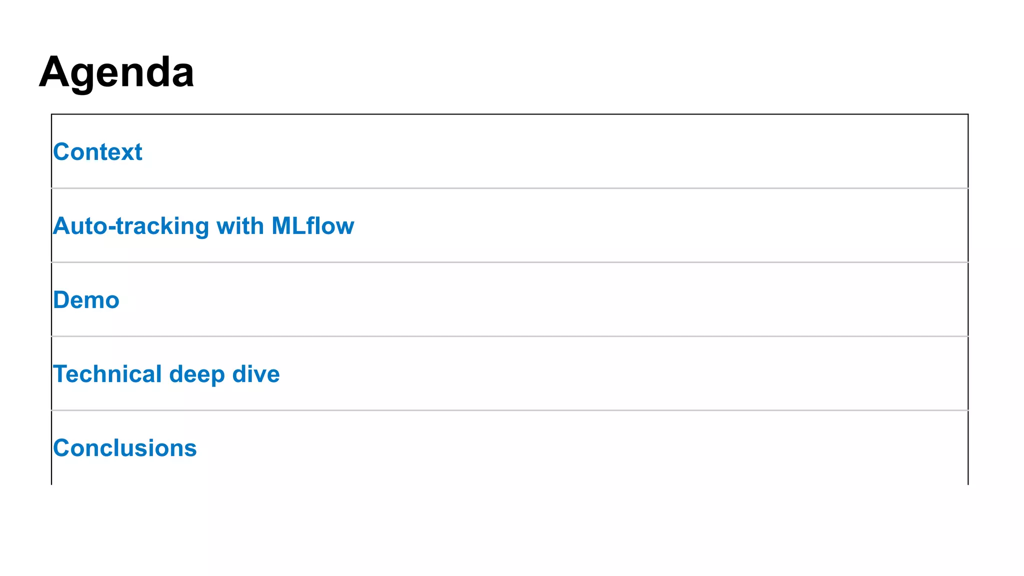 Context
Auto-tracking with MLflow
Demo
Technical deep dive
Conclusions
Agenda
 