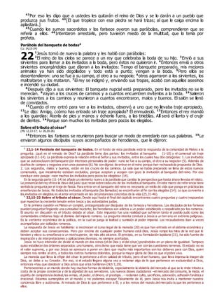 43
Por eso les digo que a ustedes les quitarán el reino de Dios y se lo darán a un pueblo que
produzca sus frutos. 44
[El que tropiece con esa piedra se hará trizas; al que le caiga encima lo
aplastará.]
45
Cuando los sumos sacerdotes y los fariseos oyeron sus parábolas, comprendieron que se
refería a ellos. 46
Intentaron arrestarlo, pero tuvieron miedo de la multitud, que lo tenía por
profeta.
Parábola del banquete de bodas0
(Lc 14,15-24)
1
Jesús tomó de nuevo la palabra y les habló con parábolas:
2
El reino de los cielos se parece a un rey que celebraba la boda de su hijo. 3
Envió a sus
sirvientes para llamar a los invitados a la boda, pero éstos no quisieron ir. 4
Entonces envió a otros
sirvientes encargándoles que dijeran a los invitados: Tengo el banquete preparado, mis mejores
animales ya han sido degollados y todo está a punto; vengan a la boda. 5
Pero ellos se
desentendieron: uno se fue a su campo, el otro a su negocio; 6
otros agarraron a los sirvientes, los
maltrataron y los mataron. 7
El rey se indignó y, enviando sus tropas, acabó con aquellos asesinos
e incendió su ciudad.
8
Después dijo a sus sirvientes: El banquete nupcial está preparado, pero los invitados no se lo
merecían. 9
Vayan a los cruces de caminos y a cuantos encuentren invítenlos a la boda. 10
Salieron
los sirvientes a los caminos y reunieron a cuantos encontraron, malos y buenos. El salón se llenó
de convidados.
11
Cuando el rey entró para ver a los invitados, observó a uno que no llevaba traje apropiado.
12
Le dijo: Amigo, ¿cómo has entrado sin traje apropiado? Él enmudeció. 13
Entonces el rey mandó
a los guardias: Átenlo de pies y manos y échenlo fuera, a las tinieblas. Allí será el llanto y el crujir
de dientes. 14
Porque son muchos los invitados pero pocos los elegidos.
Sobre el tributo al césar0
(Mc 12,13-17; Lc 20,20-26)
15
Entonces los fariseos se reunieron para buscar un modo de enredarlo con sus palabras. 16
Le
enviaron algunos discípulos suyos acompañados de herodianos, que le dijeron:
0
22,1-14 Parábola del banquete de bodas. En el fondo de esta parábola está la respuesta de la comunidad de Mateo a la
pregunta: ¿qué es el reinado de Dios? La parábola tiene dos partes: los invitados al banquete (1-10) y el comensal sin traje
apropiado (11-14). La parábola expresa la relación entre el Señor y sus invitados, entre los cuales hay dos categorías: 1. Los invitados
que se autoexcluyen del banquete por intereses personales de poder: «uno se fue a su campo, el otro a su negocio» (5). Además de
dueños de campos y negocios eran unos asesinos (6). No son dignos de entrar en el reino porque han rechazado la propuesta de Dios.
2. Los segundos, malos y buenos, están en los cruces de los caminos. La sala que se había preparado se llena de estos nuevos
comensales, que inicialmente estaban excluidos, porque aceptan y acogen con gozo la invitación al banquete del reino. Por eso
concluye este pasaje: «son muchos los invitados pero pocos los elegidos» (14).
En la segunda parte (11-14) se añade un elemento nuevo a la parábola que cambia la perspectiva que hasta ahora llevaba el relato.
La presencia del rey ofrece la clave del juicio que recae sobre cada uno de los invitados al banquete. En este marco de referencia tiene
sentido la pregunta por el traje de fiesta. Para entrar en el banquete del reino es necesario un estilo de vida que ponga en práctica las
enseñanzas de Jesús. No todos los invitados al banquete (los llamados) se encontrarán al fin con los elegidos (14). Lo que convierte a
los invitados en elegidos es el amor encarnado en las circunstancias concretas de la vida (25,31-46).
0
22,15-22 Sobre el tributo al césar. Desde aquí hasta el final del capítulo encontramos cuatro preguntas y cuatro respuestas
que muestran la creciente tensión entre Jesús y las autoridades judías.
En la primera cuestión ve Mateo un complot, protagonizado por discípulos de los fariseos y herodianos. Los discípulos de los fariseos
pueden preguntar fingiendo una curiosidad inocente; los herodianos son adictos a un poder establecido o respaldado por los romanos.
El asunto en discusión es el tributo debido al césar. Este impuesto fue una realidad que sufrieron tanto el pueblo judío como las
comunidades cristianas bajo el dominio del imperio romano. La pregunta intenta conducir a Jesús a un terreno en extremo peligroso.
Es la vertiente económica de la política, en la cual se juega la lealtad y sumisión al poder imperial. Los recaudadores iban a veces
acompañados por soldados romanos.
La respuesta de Jesús es habilísima: si reconocen el curso legal de la moneda (20) es que han entrado en el sistema económico y
deben aceptar sus consecuencias. Pero por encima de cualquier poder humano está Dios. Jesús rompe los hilos de la red que le
tienden y eleva su enseñanza a un nivel superior, de más alto alcance. El principio, en su formulación lapidaria (21), ha sido fuente de
inspiración y de interpretaciones o aplicaciones diversas, no siempre acertadas.
Jesús no tuvo intención de dividir el mundo en dos reinos (el de Dios y el del césar) poniéndolos en un plano de igualdad. Tampoco
quiso establecer dos órdenes separados: uno humano, otro divino que nada tiene que ver con las cuestiones terrenas. El estado no es
el valor supremo, y por eso Jesús se apresura a poner en claro que mucho más importantes son los deberes para con Dios, quien
siempre nos remite al otro, a todos los rostros humanos doloridos, porque la mayor gloria de Dios es que el pobre viva.
La moneda que lleva la efigie del césar le pertenece a él en calidad de tributo, pero el ser humano, que lleva impresa la imagen de
Dios, se debe a su Creador. Por eso, si el estado llegara alguna vez a reclamar algo de lo que pertenece en exclusividad a Dios,
entonces «hay que obedecer a Dios antes que a los hombres» (Hch 5,29).
Pertenecemos a un mundo donde hay muchas formas de idolatría, especialmente la idolatría del mercado al que se le rinde tributo a
costa de la propia conciencia y de la dignidad de sus servidores. Los nuevos dioses ciudadanos –el mercado del consumo, la moda, el
espíritu de competencia desleal, las armas, el poder, el dinero, el prestigio…– reclaman culto, sacrificios, adoración, adhesión fanática e
irracional. Estamos sumergidos en el mundo y no podemos escapar físicamente de él, pero Jesús nos invita a mantener nuestra
conciencia libre y autónoma. Al reinado de Dios lo que pertenece a Él, y a los reinos del mundo del mercado lo que les pertenece a
ellos.
22
 