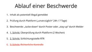 Ablauf einer Beschwerde
1. Inhalt als potentiell illegal gemeldet
2. Prüfung durch Plattform („unverzüglich“ 24h / 7 Tage)
3. Beschwerde: „tacke-down“ durch Poster oder „stay-up“ durch Melder
4. 1. Schritt: Überprüfung durch Plattform (2 Wochen)
5. 2. Schritt: Schlichtungsstelle RTR
6. 3. Schritt: Richterliche Kontrolle
 