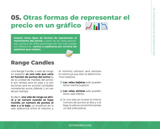 SV3TRADING.COM
05. Otras formas de representar el
precio en un gráfico
Existen otros tipos de formas de representar el
movimiento del precio a parte de las velas japone-
sas, aunque las velas japonesas son las más usadas
con diferencia , vamos a explicaros por encima las
opciones que existen.
Range Candles
Una Range Candle, o vela de rango
en español, es una vela que varía
en función de puntos del activo (o
de la unidad de medida del activo:
si son divisas será en pips y si son
acciones será en puntos (unidades
monetarias: euros, dólares...), en vez
de por tiempo.
Es decir, una vela de rango se abri-
rá y se cerrará cuando se haya
movido un número de puntos al
alza o a la baja. La amplitud de la
vela (diferencia entre el máximo y
el mínimo) siempre será siempre
la misma ya que esto lo determina-
mos nosotros.
Las velas bajistas solo pueden
tener mecha superior.
Las velas alcistas solo pueden
tener vela inferior.
Si una vela se mueve el mismo
número de puntos al alza y a la
baja, la vela se cerrará formando
un doji (vela plana).
05.
OTRAS
FORMAS
DE
REPRESENTACIÓN
 