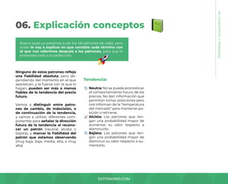 SV3TRADING.COM
06. Explicación conceptos
Ninguno de estos patrones refleja
una fiabilidad absoluta, pero de-
pendiendo del momento en el que
aparezcan, y la fuerza con la que lo
hagan, pueden ser más o menos
fiables de la tendencia del precio
futuro.
Vamos a distinguir entre patro-
nes de cambio, de indecisión, o
de continuación de la tendencia,
y vamos a utilizar diferentes com-
ponentes para señalar la dirección
futura de la tendencia al recono-
cer un patrón (neutral, alcista o
bajista), y marcar la fiabilidad del
patrón que estamos observando
(muy baja, baja, media, alta, o muy
alta)
Tendencia:
Neutra: No se puede pronosticar
el comportamiento futuro de los
precios. No dan información que
permitan tomar posiciones pero
nos informan de la “temperatura
del mercado” para mantener po-
sición o retirarse.
Alcista: Los patrones que ten-
gan una probabilidad mayor de
aumentar su valor respecto a
disminuirlo.
Bajista: Los patrones que ten-
gan una probabilidad mayor de
disminuir su valor respecto a au-
mentarlo.
Bueno pues ya pasamos a ver los 48 patrones de velas, pero
antes te voy a explicar en que consiste cada término con
el que nos referimos después a los patrones, para que lo
entiendas todo a la perfección.
06.
CONCEPTOS
Y
TÉRMINOS
 