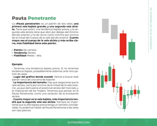 SV3TRADING.COM
08.
PATRONES
DE
VELAS
JAPONESAS
La «Pauta penetrante» es un patrón de dos velas, una
primera vela bajista grande, y una segunda vela alcis-
ta. Tiene que existir una tendencia bajista previa, y la se-
gunda vela alcista tiene que abrir por debajo del mínimo
del día anterior y ha de cerrar como mínimo por encima
de la mitad del cuerpo de la vela del día anterior. Cuanto
mayor sea el cuerpo de la vela alcista y más arriba cie-
rre, más fiabilidad tiene este patrón.
- Tenemos una tendencia bajista previa. Si no tenemos
tendencia bajista, probablemente estemos ante otro pa-
trón de velas.
- Lugar del gráfico donde sucede. Vamos a buscar esté
patrón cerca de una zona de soporte
- La importancia del tamaño. Hay que asegurarse que la
vela alcista, cierra por encima de la mitad de la vela ante-
rior, ya que demuestra el potencial alcista del mercado, y
la implicación de los Traders. Tenemos que pensar en la
Pauta Penetrante, como una variación de la envolvente
alcista.
- Cuanto mayor es la vela bajista, más importancia ten-
drá que la segunda vela sea alcista. Siempre es impor-
tante que la vela bajista previa tenga un tamaño conside-
rable, no podemos hablar de Pauta Penetrante si las velas
son tipo peonza
Patrón: De cambio.
Tendencia: Alcista.
Fiabilidad: Media - Alta.
Ejemplo:
Pauta Penetrante
 