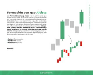 SV3TRADING.COM
La «Formación con gap alcista» es un patrón en el que
aparecen dos velas alcistas de cuerpo grande separadas
por tres velas bajistas de cuerpo pequeño. Estas tres ve-
las bajistas hacen nuevos mínimos y quedan contenidas
dentro del cuerpo de la primera gran vela alcista. La se-
gunda gran vela alcista abre con hueco respecto la ante-
rior vela, mostrando la fortaleza de la tendencia. Este pa-
trón aparece en una tendencia alcista y se interpreta
como un alto en el camino antes de continuar con la
misma. Este patrón puede tener variantes ya que en lu-
gar de ser tres velas las que corrigen la primera gran vela
alcista, pueden ser dos o más de tres.
Patrón: Continuación.
Tendencia: Alcista.
Fiabilidad: Muy Alta.
Ejemplo:
Formación con gap Alcista
08.
PATRONES
DE
VELAS
JAPONESAS
 