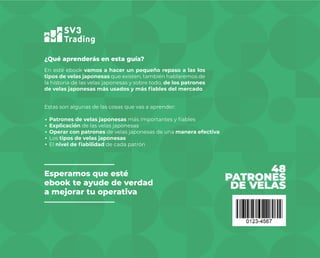 48
PATRONES
DE VELAS
En esté ebook vamos a hacer un pequeño repaso a las los
tipos de velas japonesas que existen, también hablaremos de
la historia de las velas japonesas y sobre todo, de los patrones
de velas japonesas más usados y más fiables del mercado.
¿Qué aprenderás en esta guía?
Estas son algunas de las cosas que vas a aprender:
Patrones de velas japonesas más importantes y fiables
Explicación de las velas japonesas
Operar con patrones de velas japonesas de una manera efectiva
Los tipos de velas japonesas
El nivel de fiabilidad de cada patrón
Esperamos que esté
ebook te ayude de verdad
a mejorar tu operativa
 