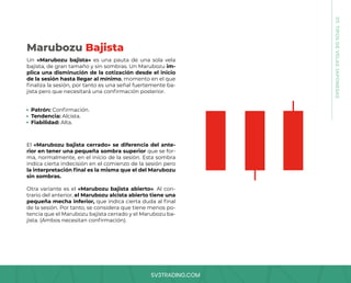 SV3TRADING.COM
07.
TIPOS
DE
VELAS
JAPONESAS
Un «Marubozu bajista» es una pauta de una sola vela
bajista, de gran tamaño y sin sombras. Un Marubozu im-
plica una disminución de la cotización desde el inicio
de la sesión hasta llegar al mínimo, momento en el que
finaliza la sesión, por tanto es una señal fuertemente ba-
jista pero que necesitará una confirmación posterior.
El «Marubozu bajista cerrado» se diferencia del ante-
rior en tener una pequeña sombra superior que se for-
ma, normalmente, en el inicio de la sesión. Esta sombra
indica cierta indecisión en el comienzo de la sesión pero
la interpretación final es la misma que el del Marubozu
sin sombras.
Otra variante es el «Marubozu bajista abierto». Al con-
trario del anterior, el Marubozu alcista abierto tiene una
pequeña mecha inferior, que indica cierta duda al final
de la sesión. Por tanto, se considera que tiene menos po-
tencia que el Marubozu bajista cerrado y el Marubozu ba-
jista. (Ambos necesitan confirmación).
Patrón: Confirmación.
Tendencia: Alcista.
Fiabilidad: Alta.
Marubozu Bajista
 